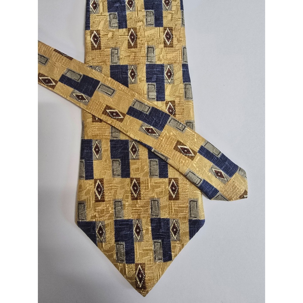 Perry Ellis Portfolio Designer Necktie Mens Gold Blue Geometric All Silk Classic